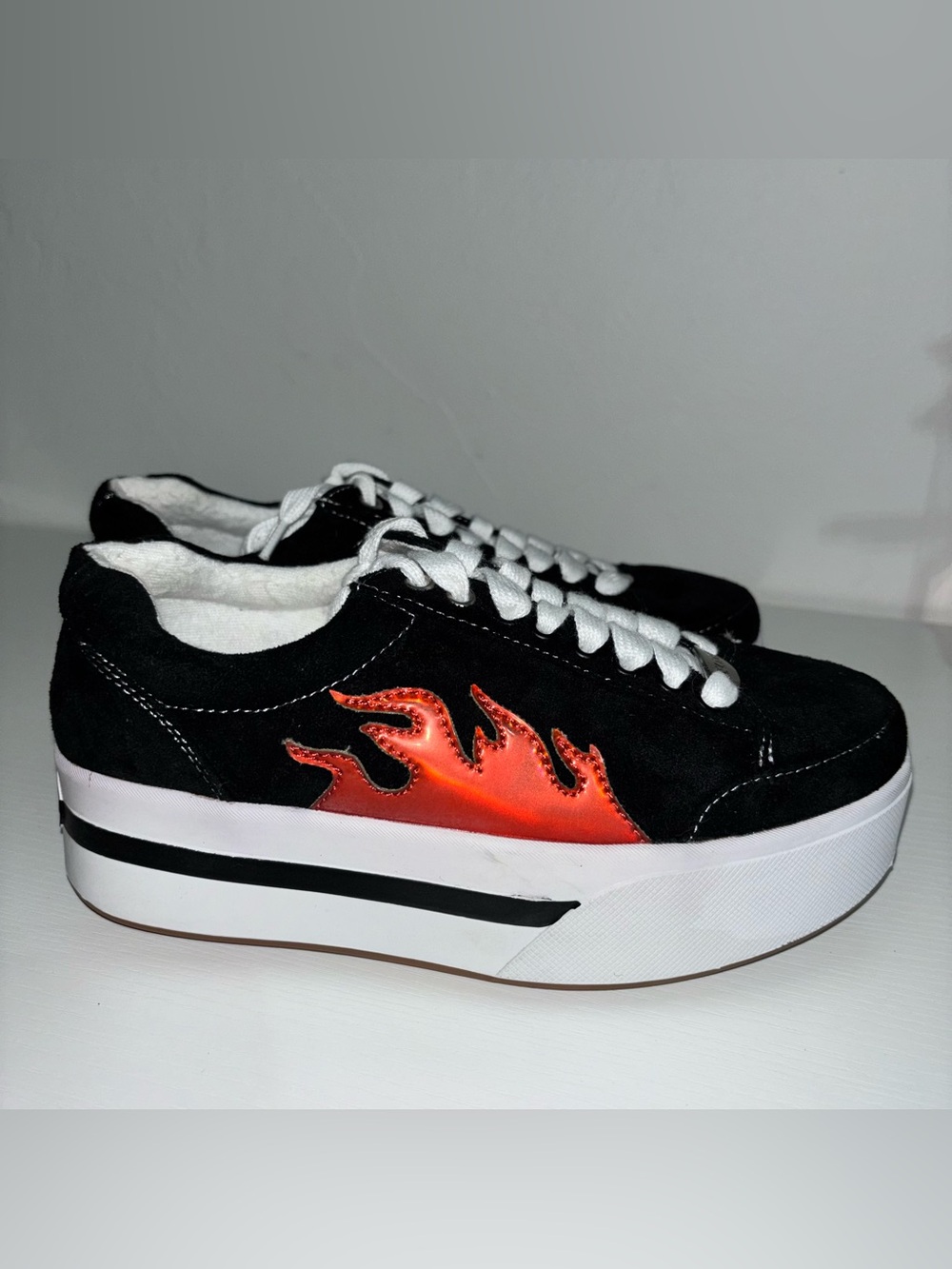 dELiA*s Black Suede Platform Sneakers with Red Flame Accent